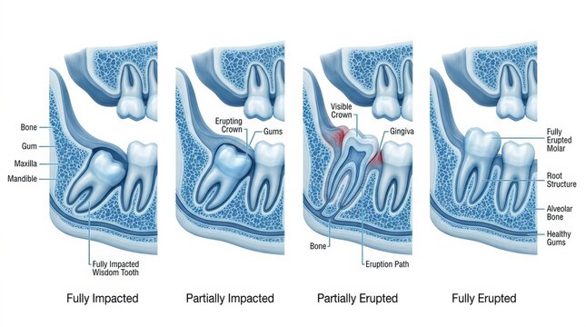 Detailed Diagram Explaining Stages of Wisdom Tooth Eruption and Impaction in Dental Anatomy With Labeled Parts