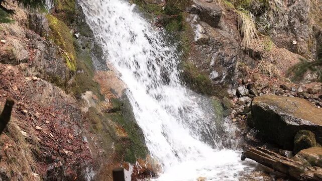 Icy mountain waterfall in the forest.