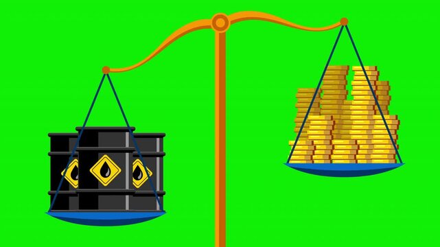Oil Price Increase Concept Balance Scale With Oil Barrels and Money Coins &ndash; 4K Video Motion Graphics With Chroma Key Green Screen Background 