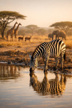 Serengeti Zebra's Refreshment: A striking zebra drinks from a calm watering hole, its reflection mirroring in the serene water, while other wildlife like giraffes and elephants.