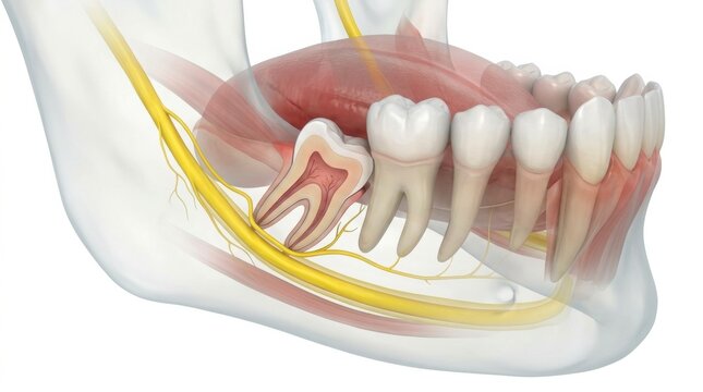 Detailed View of a Human Jaw Showing Roots of Teeth, Nerves, and Surrounding Structures in a Realistic Representation