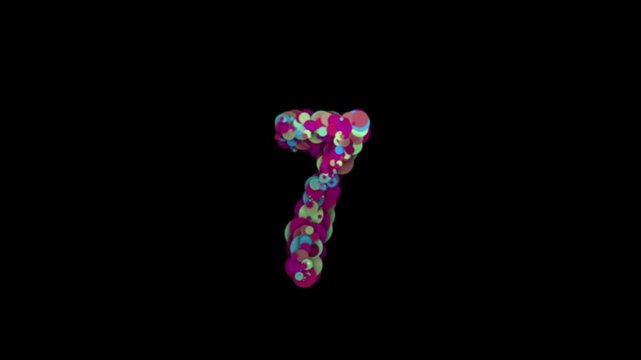
Colorful particle bubbles forming number seven on transparent background

Floating multicolor bubbles dynamically forming number 7 shape with alpha channel for smooth compositing use
