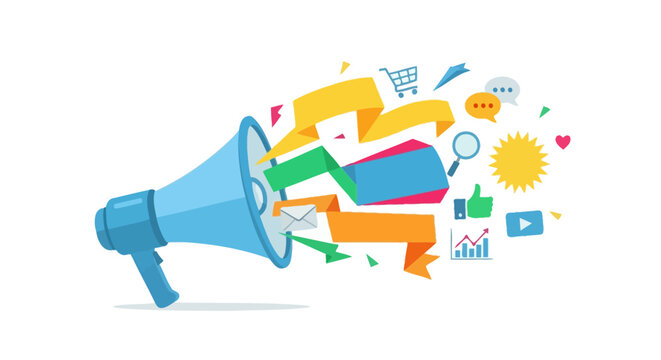 Colorful Megaphone with Marketing Icons.