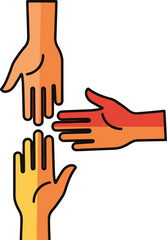 Obraz premium Three colorful stylized hands with warm gradients reaching together in a gesture of unity and cooperation.
