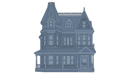 Obraz premium A blue Victorian house silhouette illustration with a large porch