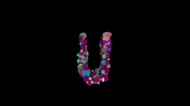 Colorful particle bubbles forming letter U on transparent background

Floating multicolor bubbles dynamically forming letter U shape with alpha channel for smooth compositing use
