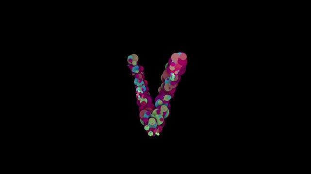 Colorful particle bubbles forming letter V on transparent background

Floating multicolor bubbles dynamically forming letter V shape with alpha channel for smooth compositing use

