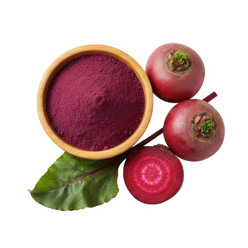 Beetroot powder in wooden bowl with fresh beets isolated on a transparent background