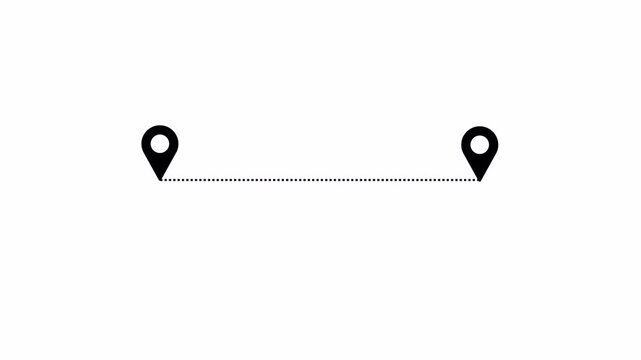 Two black location pin icon animations connected by a dotted path on a transparent background