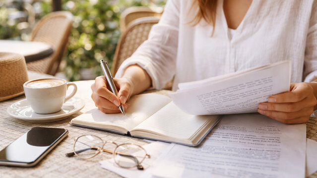 female hands writing notes in bright summer cafe interior