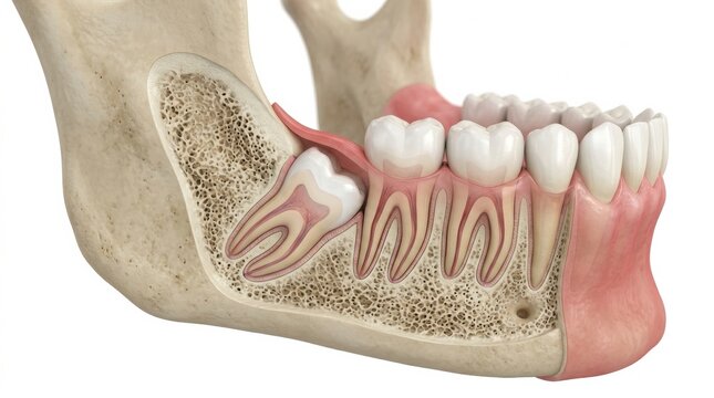 Detailed View of Human Jaw Structure Showing Teeth, Root Systems, and Surrounding Bone in High Resolution and Enhanced Clarity