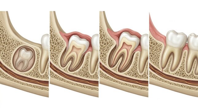 Detailed Views of Dental Anatomy Showing Stages of Tooth Development and Structure in Human Jaws