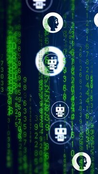 Vertical video: Network pulsing, avatars drifting, gaining rings amid code, showing user AI links