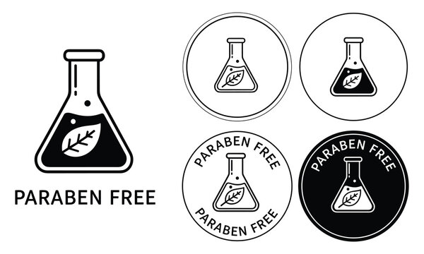paraben free laboratory glassware vector illustration with certification seals and leaf symbol
