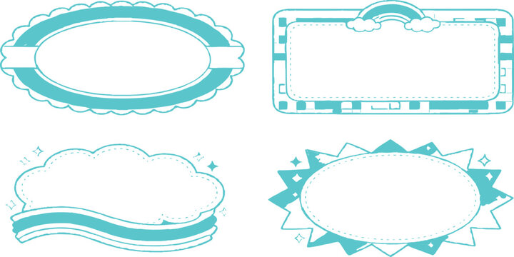 This set of vintage vector frames features retro design elements like speech bubbles, paper labels, and decorative cloud borders for cartoon text stickers and art signs