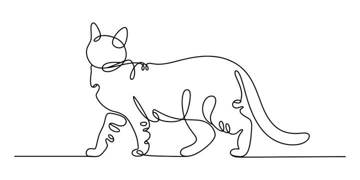 A minimalist single continuous line drawing of a cat walking peacefully in a side profile view Vector, illustration