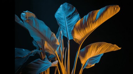 Obraz premium indoor strelitzia plant with large leaves and a single flower, dark room, artificial lighting only, bright blue light clearly from the left 