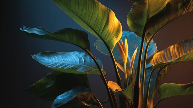 indoor strelitzia plant with large leaves and a single flower, dark room, artificial lighting only, bright blue light clearly from the left

