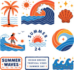 Naklejka premium Retro Summer Beach Sticker Set with Surf, Waves, and Palm Trees