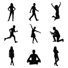 Obraz premium 9 Human Silhouette Vector Poses Set - Minimalist People Icons in Various Actions