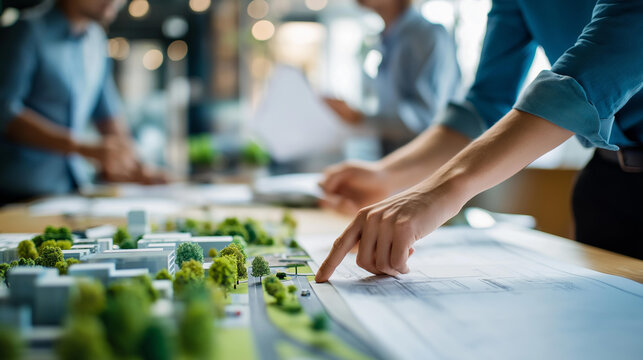Faceless professionals collaborating on urban planning with a detailed landscape architectural model and project blueprints on a table. Defocused background. Urban planning model,
