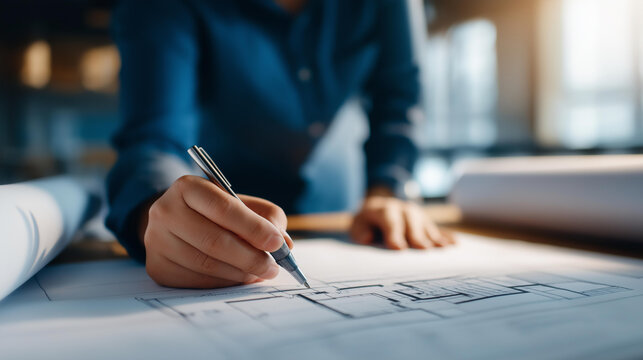 Landscape plan with a pool displayed as a blueprint showing a water feature and villa floor plan. Faceless landscape architect sketching a detailed residential backyard design.