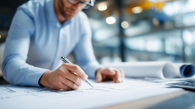 Faceless designer creating architectural plans in a modern workspace during a bright and productive daytime session. Defocused background. Architectural plans, designer workspace,