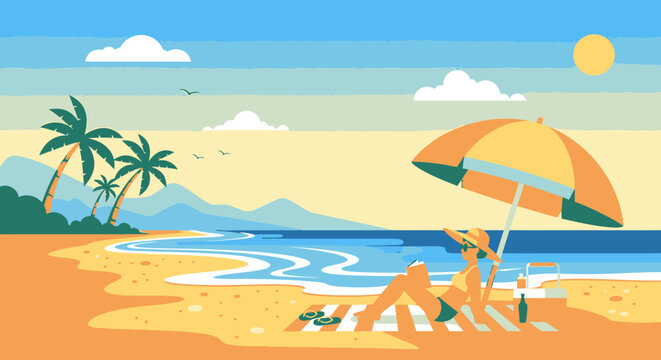 Beach vacation illustration person under umbrella sunbathing