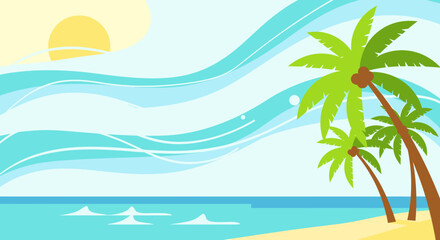 Fototapeta premium Coastal scene with stylized palm trees ocean sun and sky idyllic daytime illustration for vacation travel and background