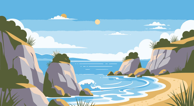 Coastal scene with beach and cliffs under blue sky illustration