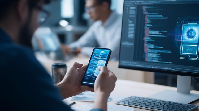 Faceless UX developers and UI designers using web design to develop app interface layouts with holographic UI UX displays and future-proof digital development concept. Defocused