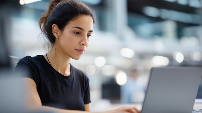 Faceless young graphic designer concentrating on her laptop in a bright studio office environment. Defocused studio background. Female graphic designer, laptop focus, bright