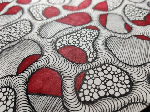 seamless pabstract pseudo 3d black and white drawing with random shapes and single red heart, high contrast artistic compositionattern with hearts