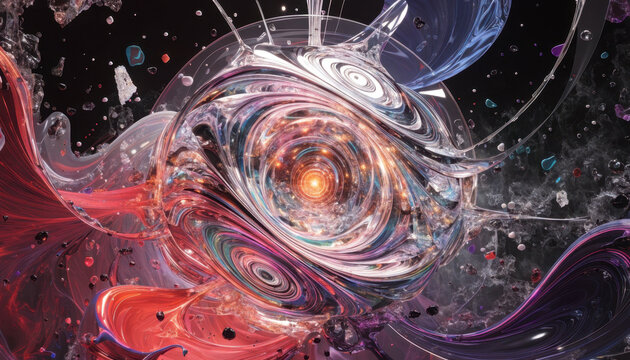 Surreal abstract vortex cosmic energy swirl sci fi fractal sphere colorful liquid glass glowing light core space nebula background futuristic digital art swirling motion wave galactic explosion