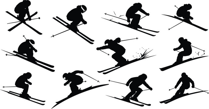 Skiing silhouettes collection featuring dynamic winter sports action poses, freestyle jumps, downhill motion, isolated black vector figures for design use