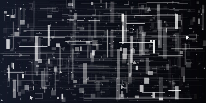 Abstract dark monochrome tech glitch matrix background illustration. This digital coding line and square texture creates a futuristic cyber template for modern design.