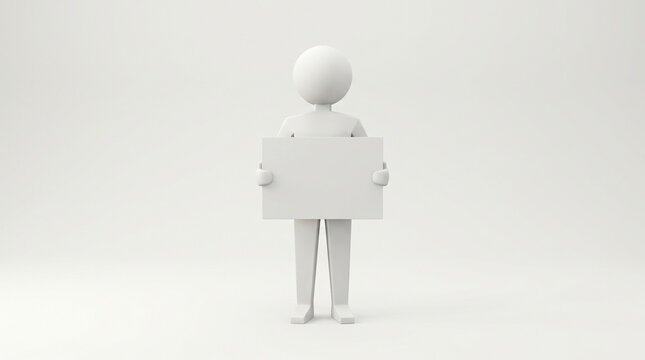 White 3D humanoid figure holding a blank sign.