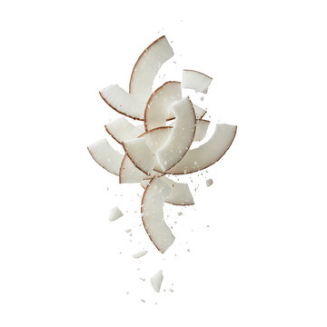 Falling coconut slices and shreds isolated on a transparent background
