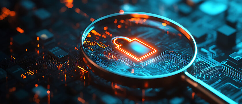 cyber security inspection concept, digital lock symbol magnified with glass in the middle, glowing orange circuitry lock, futuristic dark technology background, holographic data network, shallow focus