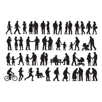 Large Set of People Silhouettes in Different Poses vector silhouette
