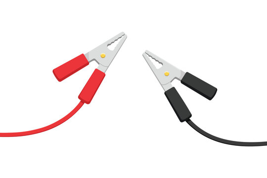 Red and black electrical alligator clips with connected wires on a white background
