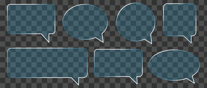 glass morphism speech bubbles set with glowing borders. Blank chat boxes Liquid glass message box set. Glass morphism speech bubble set. vector illustration.
