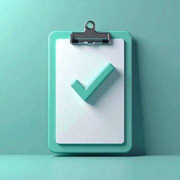 Clipboard with green checkmark on turquoise background for approval success concept