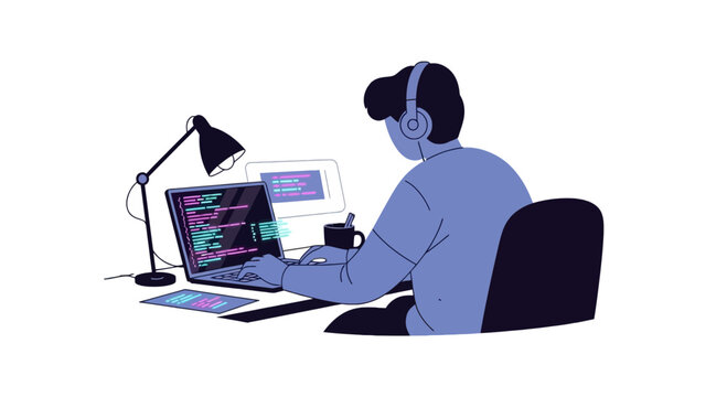 Software Developer Coding on Laptop with Headphones Illustration