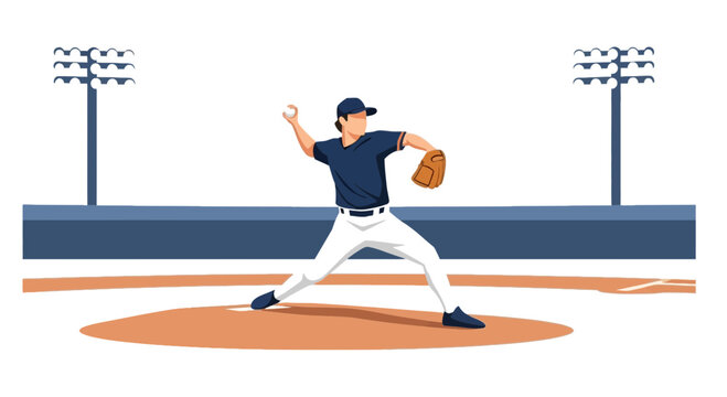 Baseball Pitcher Throwing Ball on Stadium Mound Vector Illustration
