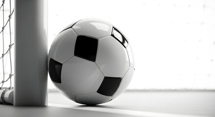 Naklejka premium A soccer ball rests against the goalpost, the black and white pattern sharply defined