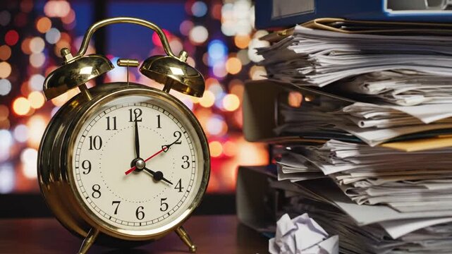 Golden alarm clock next to large paper stack at night