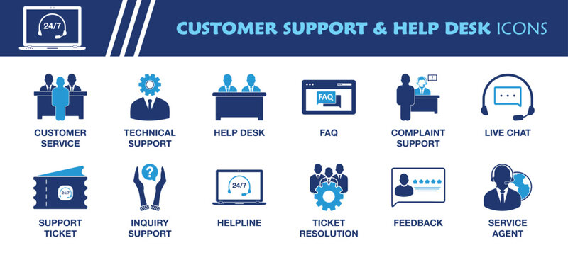 Customer Support and Help Desk Icon Set. Collection of Customer Service, Technical Support, Helpline, Live Chat, Service Agent, FAQ and More Icons. Editable Flat Vector Illustration.