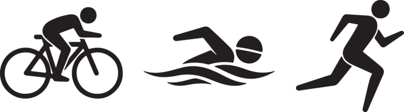 Black and white of bicycling, swimming, and running figures also transparent background, swimmer