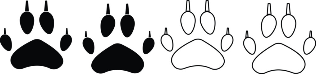 Fox paw footprint icon set collection group, animal pawprint track footprint symbol vector pack, wildlife canine claw marks, flat and line style black icons isolated on transparent background © Muhammad